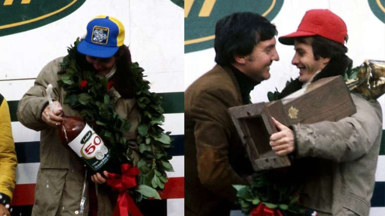 Gilles Villeneuve no p&oacute;dio, com casaco por conta do frio