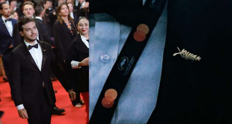 O produtor no tapete vermelho e, no detalhe, o broche da Palma de Ouro