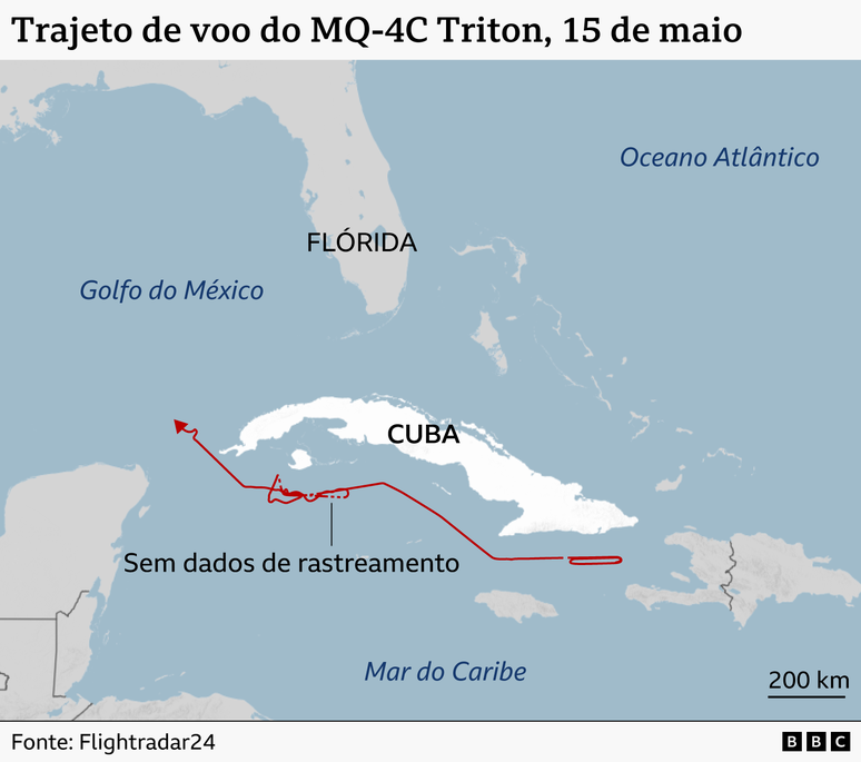 Mapa de Cuba, Fl&oacute;rida e &aacute;reas vizinhas, mostrando o trajeto de voo de um drone MQ-4C Triton americano, no dia 15 de maio