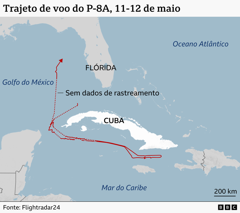 Mapa de Cuba, Fl&oacute;rida e &aacute;reas vizinhas, mostrando o trajeto do voo de uma aeronave P-8A Poseidon americana entre 11 e 12 de maio de 2026