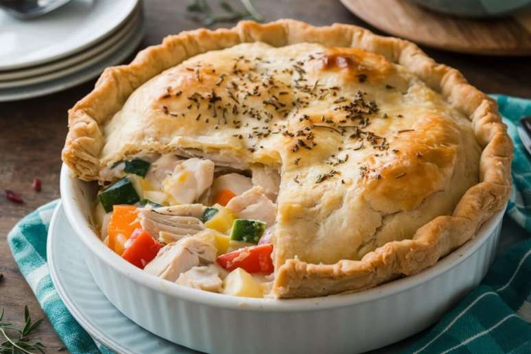 Torta proteica de frango com massa de gr&atilde;ode-bico 