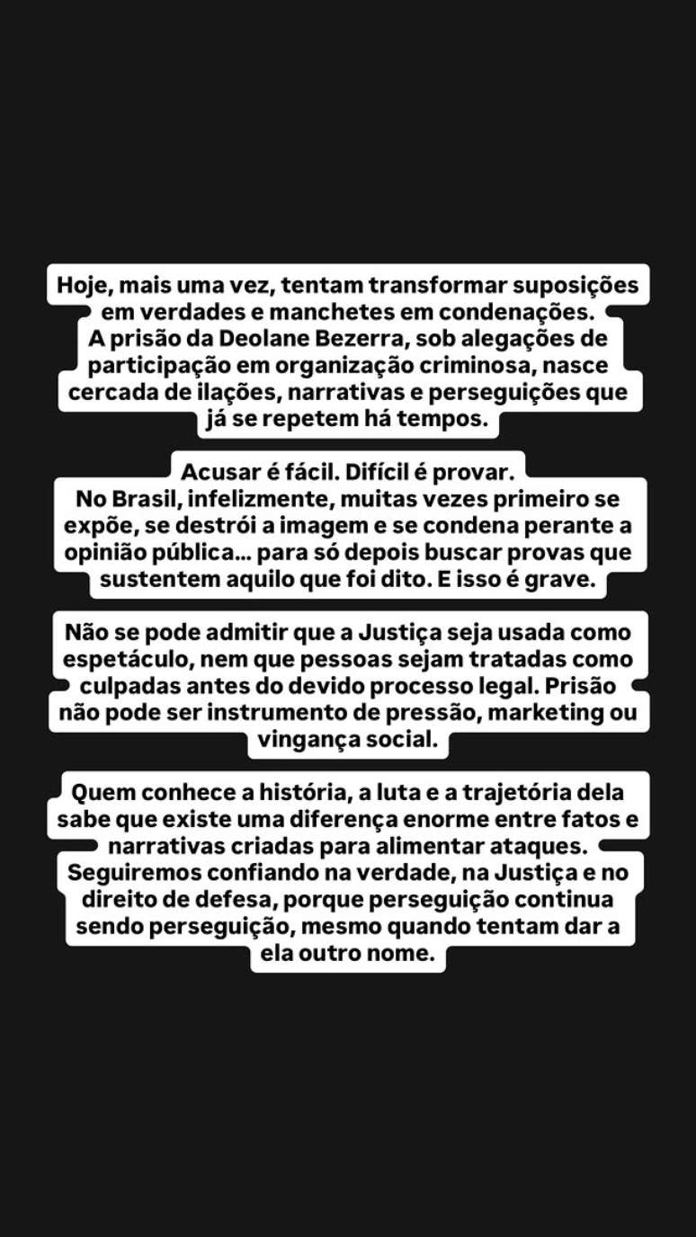 Nota publicada por Daniele Bezerra, irm&atilde; de Deolane, nas redes sociais ap&oacute;s pris&atilde;o