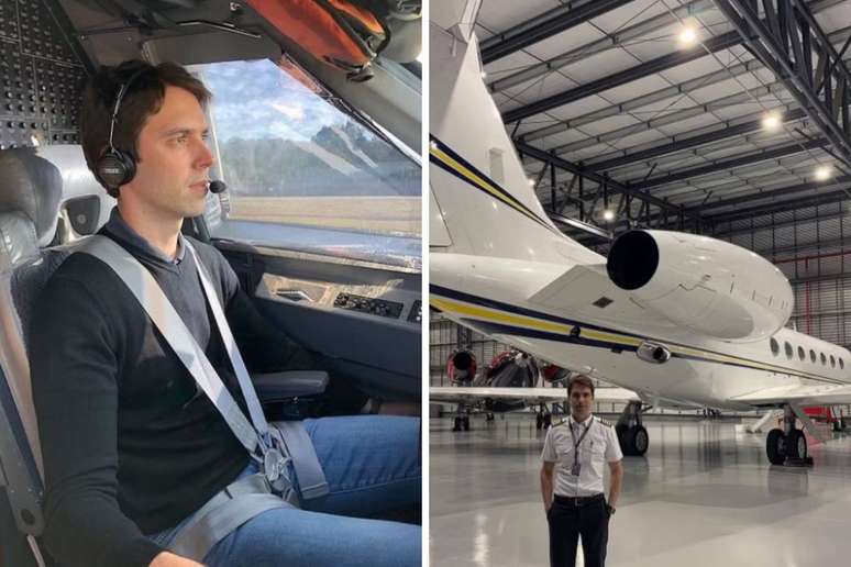 Namorado de Paula Fernandes trabalhando | Daniel Pereira posa com aeronave em galp&atilde;o