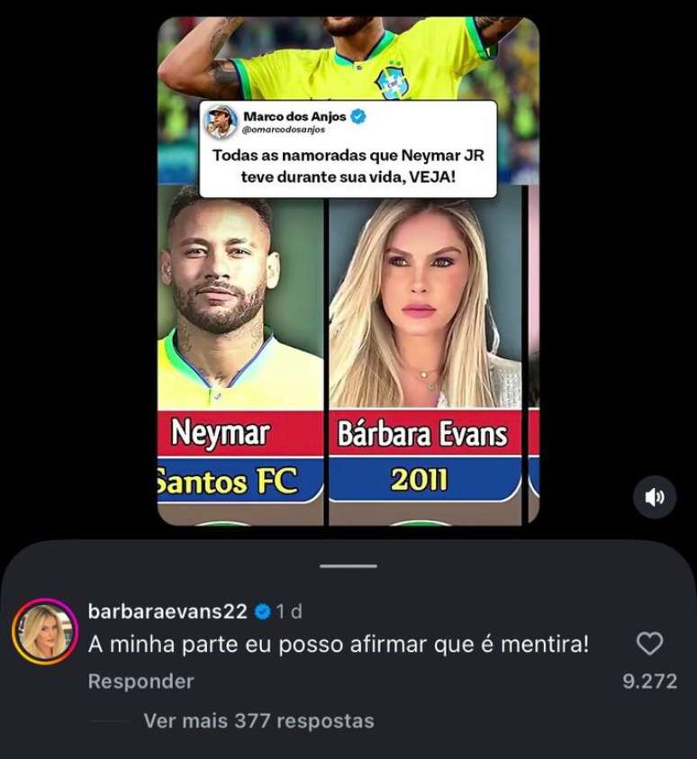 Coment&aacute;rio de B&aacute;rbara Evans sobre namoro com Neymar.