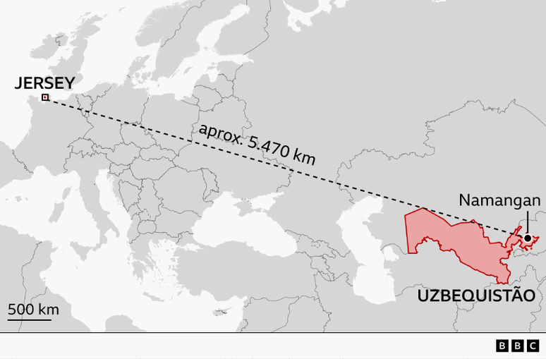 Mapa da Europa e da &Aacute;sia central, mostrando a dist&acirc;ncia entre a ilha de Jersey e o Uzbequist&atilde;o