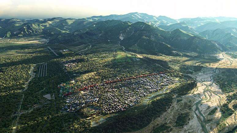 Representa&ccedil;&atilde;o da 'Cidade da Aten&ccedil;&atilde;o Plena de Gelephu', que est&aacute; sendo planejada como uma cidade independente dentro do reino
