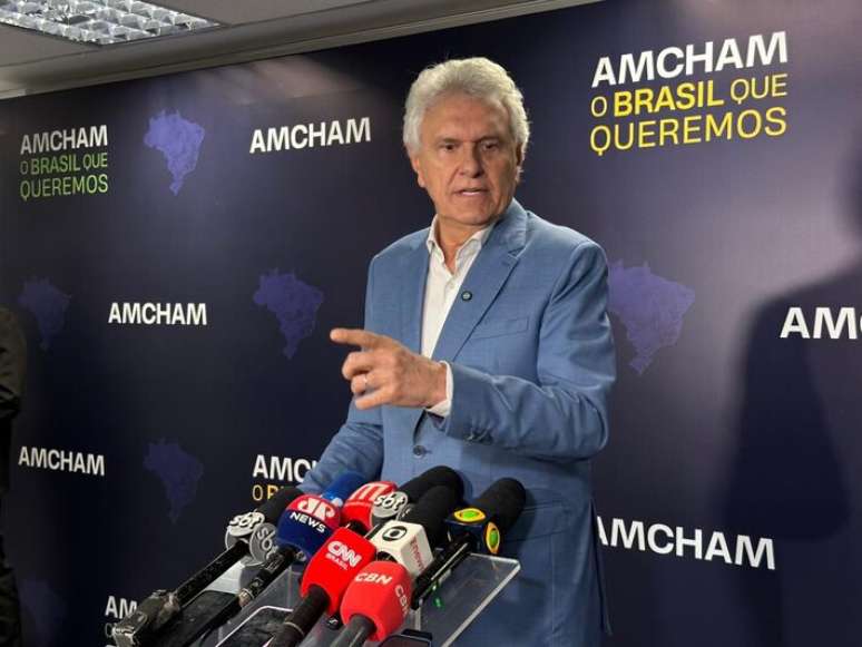 Ex-governador de Goi&aacute;s Ronaldo Caiado, pr&eacute;-candidato do Uni&atilde;o Brasil &agrave; Presid&ecirc;ncia da Rep&uacute;blica, em evento na capital paulista