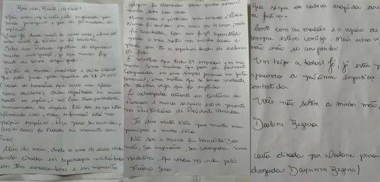 Carta de Deolane ap&oacute;s ser presa.