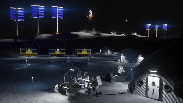 A Nasa publicou desenhos art&iacute;sticos de uma base lunar com habita&ccedil;&otilde;es, sistemas de energia e ve&iacute;culos rob&oacute;ticos