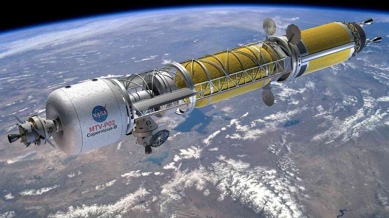 Ilustra&ccedil;&atilde;o de uma espa&ccedil;onave cil&iacute;ndrica orbitando a Terra