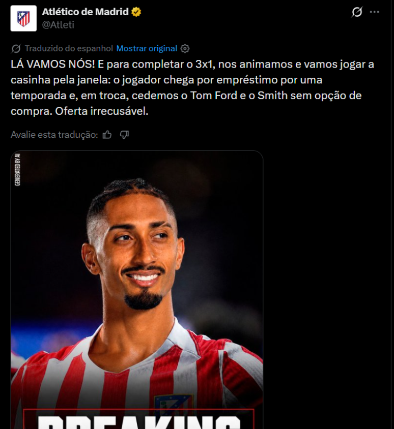 Foto/Reprodu&ccedil;&atilde;o/Redes Sociais &ndash; @Atleti