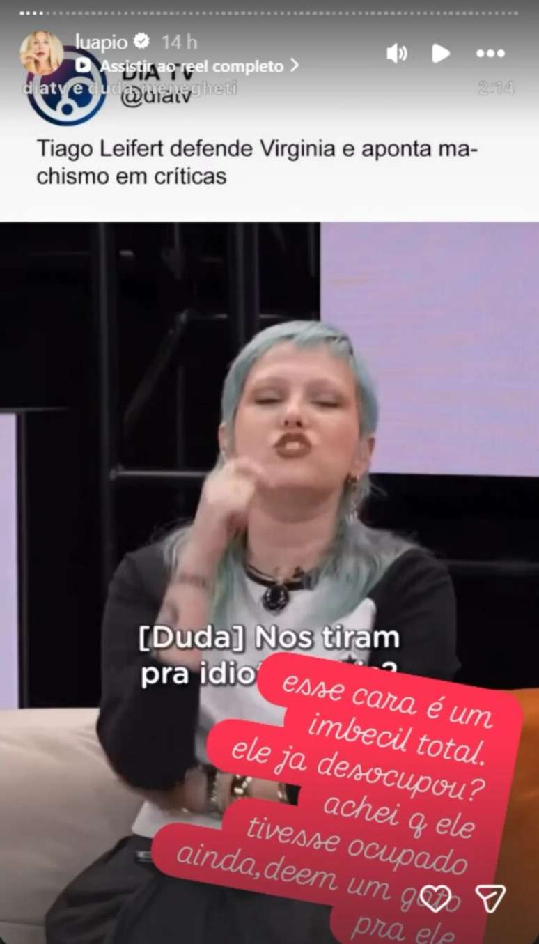 Luana Piovani usou Instagram para compartilhar cr&iacute;tica feita por jornalista a Tiago Leifert e Virg&iacute;nia Fonseca