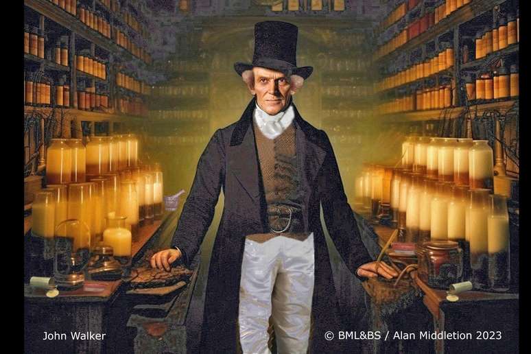 N&atilde;o existe imagem comprovada de Walker durante sua vida. Por isso, a Sociedade Brit&acirc;nica de R&oacute;tulos de Caixas e Cartelas de F&oacute;sforos desenvolveu este retrato gerado por IA