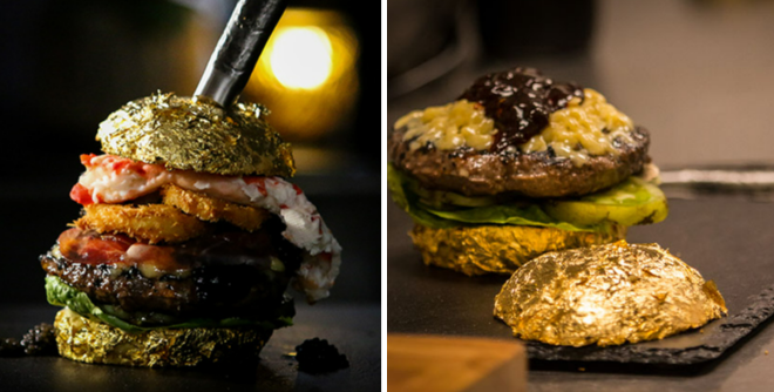 Folhas de ouro, caviar e an&eacute;is de cebolas empanados com champanhe