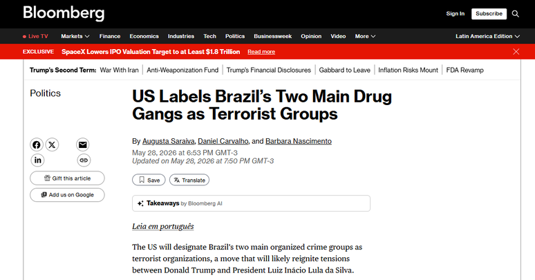 Bloomberg noticia designa&ccedil;&atilde;o de fac&ccedil;&otilde;es criminosas brasileiras como terroristas