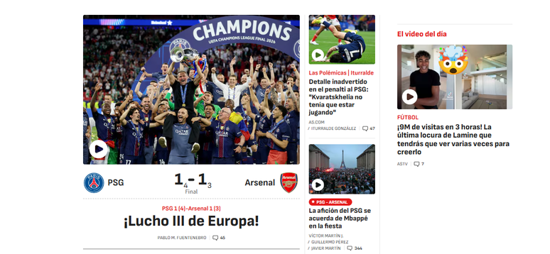 As, da Espanha, exalta t&iacute;tulo do PSG sobre o Arsenal