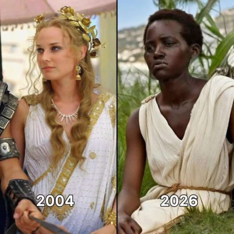 Viralizou essa montagem com compara&ccedil;&atilde;o entre a beleza cl&aacute;ssica da alem&atilde; Diane Kruger, que fez Helena em 'Troia' (2004), e o biotipo africano de Lupita Nyong&rsquo;o, que interpreta a mesma personagem em 'A Odisseia': expl&iacute;cita inten&ccedil;&atilde;o de colocar a negra como feia