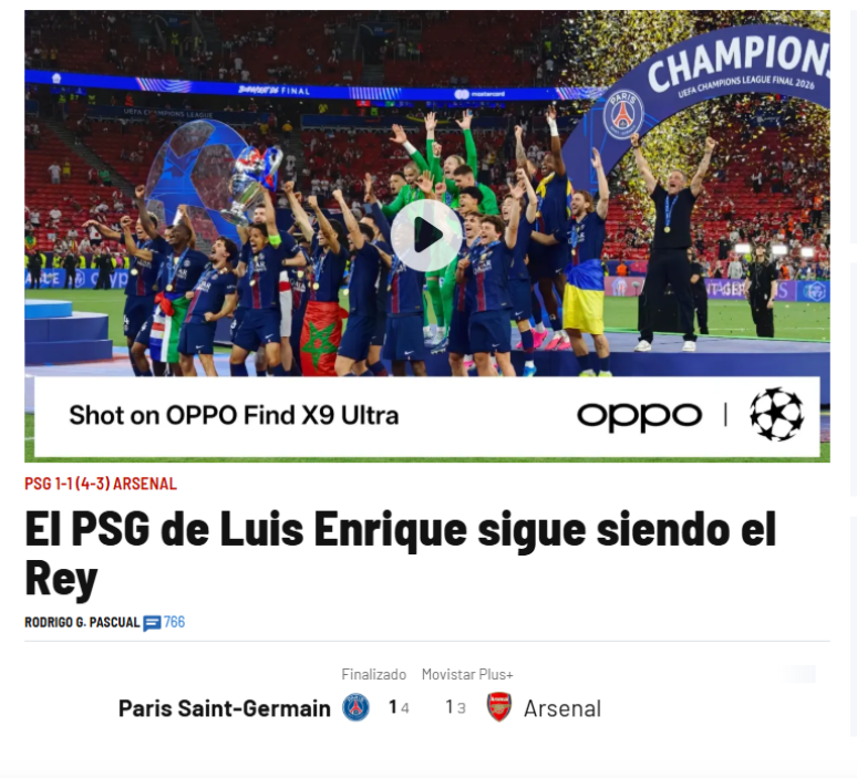 Marca, da Espanha, exalta t&iacute;tulo do PSG sobre o Arsenal