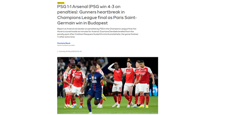 Sky Sports, do Reino Unido, lamenta derrota do Arsenal diante do PSG