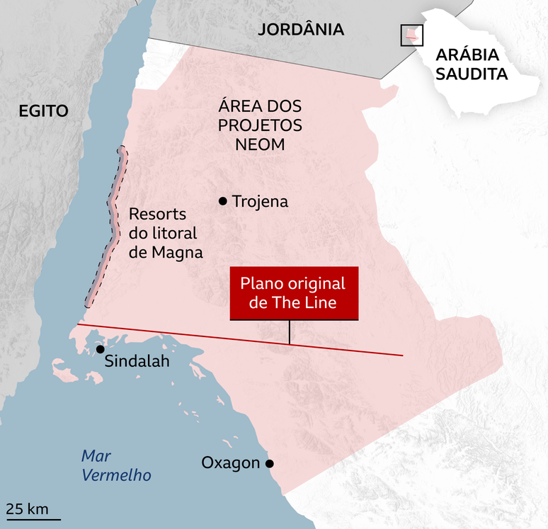Mapa do local dos projetos Neom, no noroeste da Ar&aacute;bia Saudita