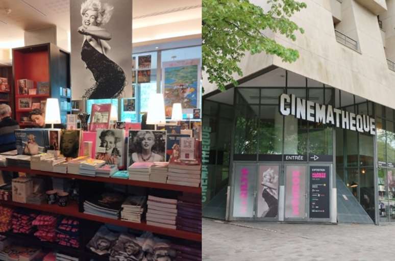 A loja com produtos personalizados na sa&iacute;da da exposi&ccedil;&atilde;o e a fachada da Cinemateca de Paris