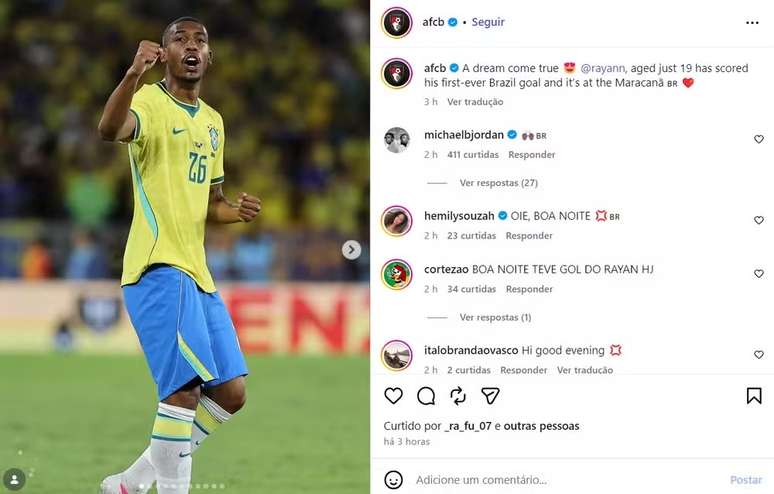 Coment&aacute;rio de Michael B. Jordan em post do Bournemouth 