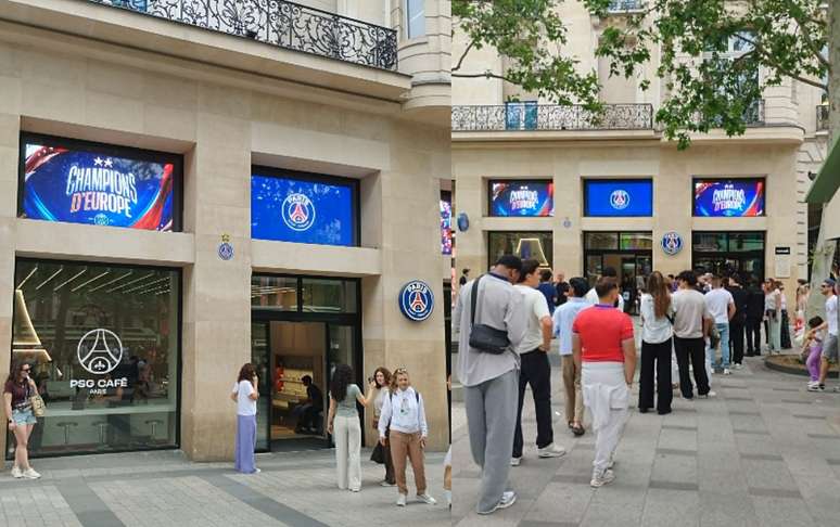 &Agrave; esquerda, a entrada do Caf&eacute; PSG; ao lado, a fila para acessar a boutique oficial do time