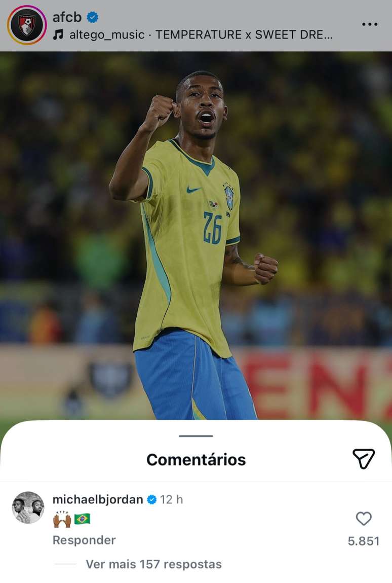 Michael B. Jordan comemora gol de Rayan em amistoso