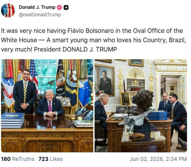 Donald Trump elogia Fl&aacute;vio Bolsonaro em dia de tarifa&ccedil;o a produtos brasileiros