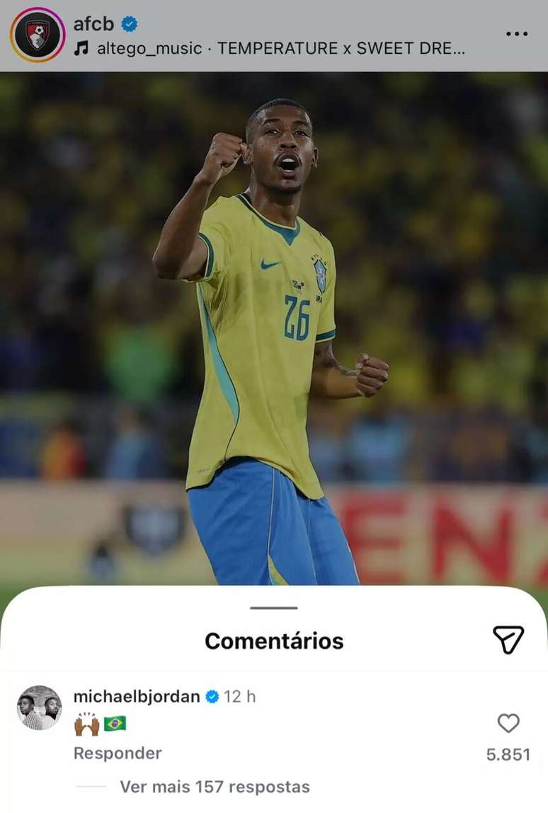 Michael B. Jordan reage ao gol de Rayan com a bandeira do Brasil &ndash;