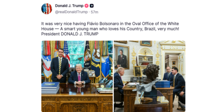 Trump publica foto ao lado de Fl&aacute;vio Bolsonaro e apoiadores