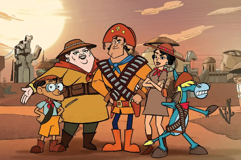 Personagens animados vestidos como cangaceiros posando juntos em um cen&aacute;rio inspirado no sert&atilde;o nordestino