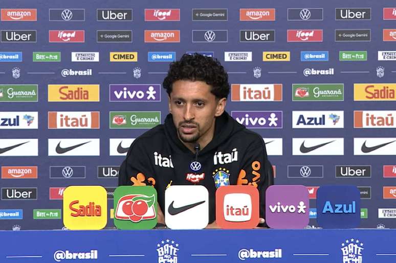 Marquinhos durante a coletiva de imprensa da Sele&ccedil;&atilde;o Brasileira nesta quarta-feira &ndash;