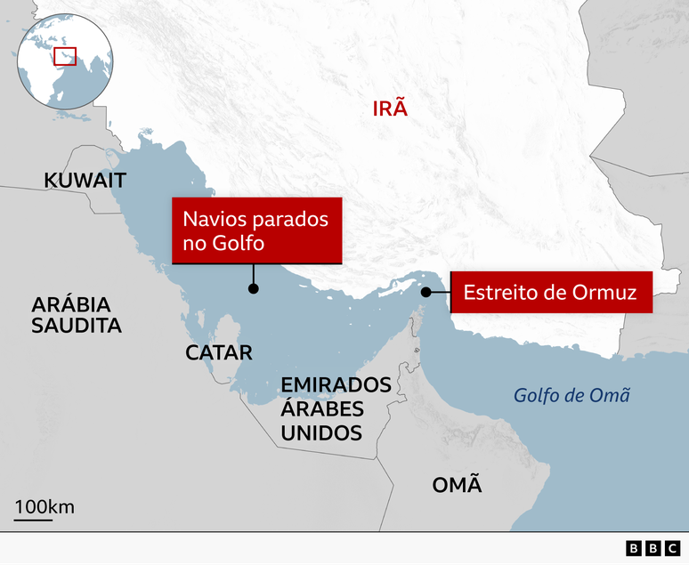 Mapa mostra o estreito de Ormuz e a regi&atilde;o do Golfo, onde cerca de 1.600 navios est&atilde;o retidos