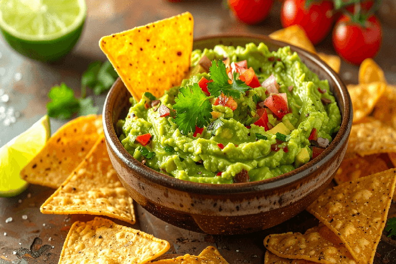 Guacamole servida em tigela de madeira em cima de mesa de madeira