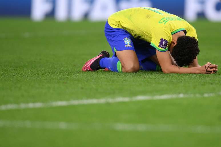 Marquinhos nas quartas de final da Copa de 2022, em derrota para a Cro&aacute;cia 