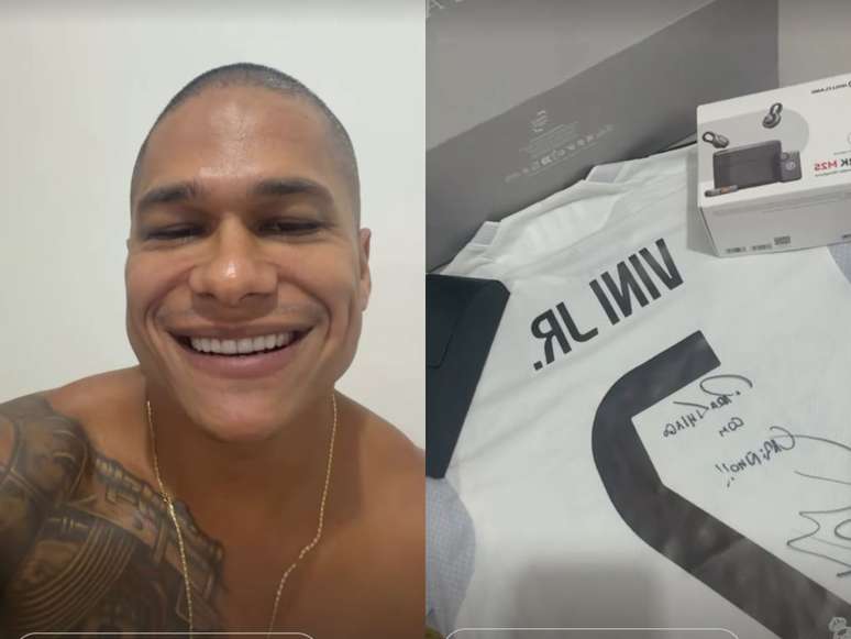 Thiago Gon&ccedil;alves mostra camisa autografada por Vini Jr. 