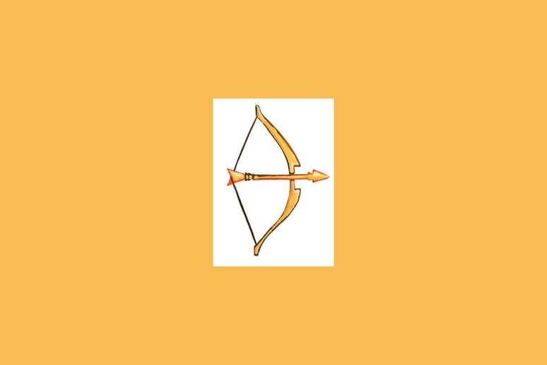 Uma ilustra&ccedil;&atilde;o simples de um arqueiro ou flecha, representando o signo de Sagit&aacute;rio, sobre um fundo claro cercado por um tom alaranjado