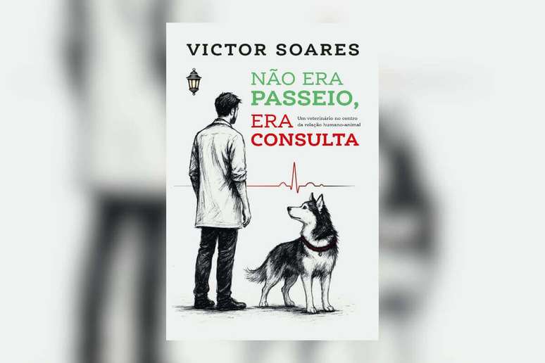 Capa de livro branca com o nome do autor em preto e t&iacute;tulo em verde e vermelho com ilustra&ccedil;&atilde;o de m&eacute;dico veterin&aacute;rio e cachorro da ra&ccedil;a husky siberiano