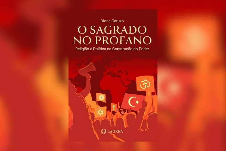 Capa de livro vermelha com t&iacute;tulo e nome do autor, com ilustra&ccedil;&atilde;o de pessoas andando nas ruas com bandeiras