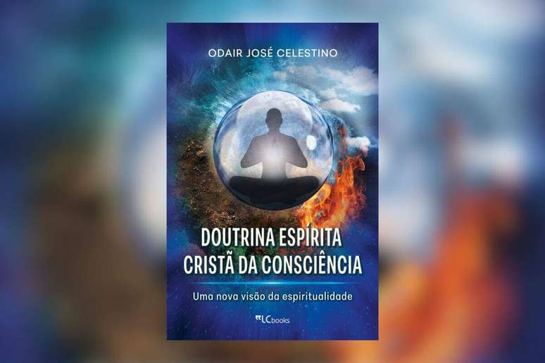 Capa de livro com t&iacute;tulo e nome do autor escrito em branco, com ilustra&ccedil;&atilde;o de um bola de cristal com um homem sentado dentro e representa&ccedil;&atilde;o dos 4 elementos ao redor