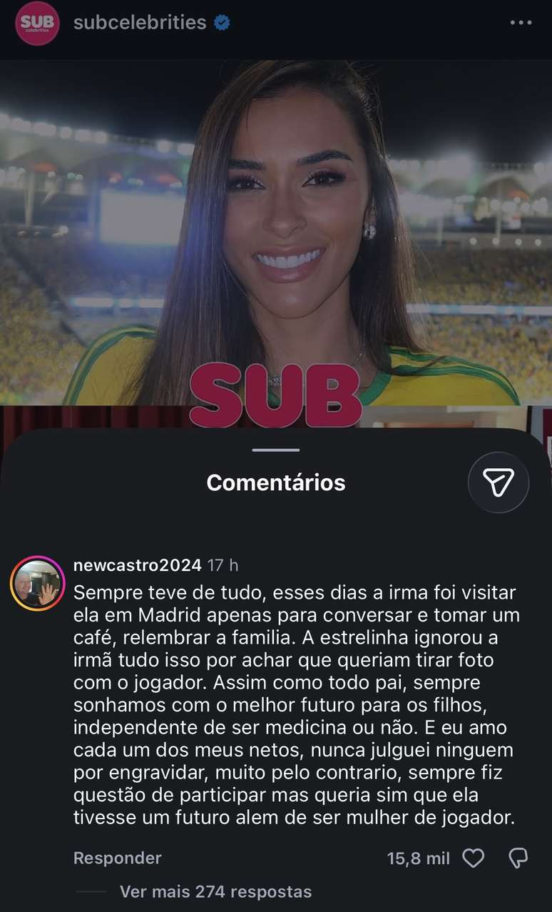 Pai rebateu falas da filha em postagem feita em perfil de fofocas no Instagram