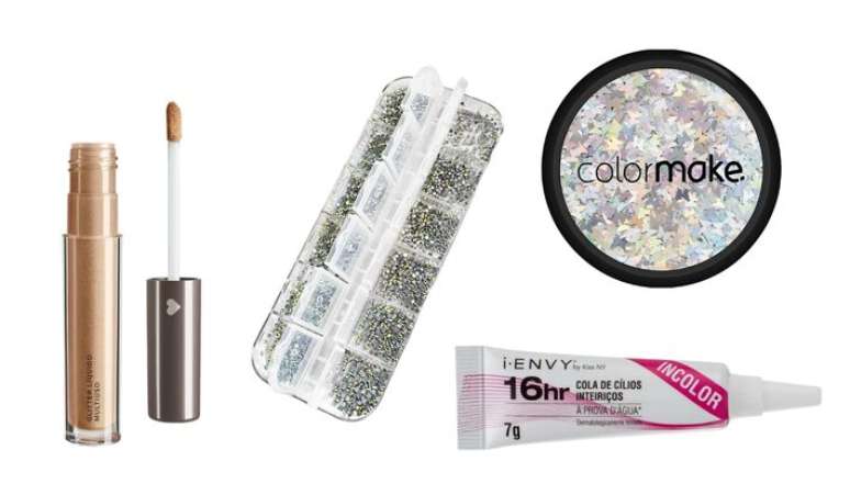 Glitter L&iacute;quido Multiuso Quem Disse Berenice? (R$ 56,90); Strass Brilho Para Maquiagem (R$ 29,90); Glitter Shine Formatos Borboleta Colormake (R$ 17); Cola para C&iacute;lios Posti&ccedil;os Kiss New York (R$ 28,90)