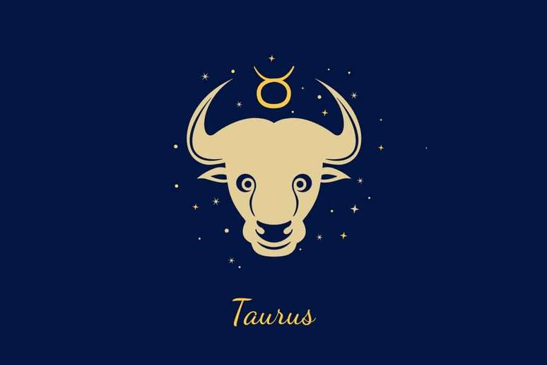 Um fundo azul-marinho escuro com ilustra&ccedil;&atilde;o estilizada da cabe&ccedil;a de um touro com chifres proeminentes. Acima dele, o glifo de Touro (um c&iacute;rculo com chifres). Abaixo, o texto "Taurus".