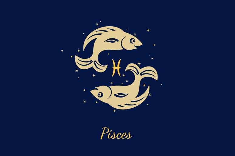 Um fundo azul-marinho escuro com ilustra&ccedil;&atilde;o de dois peixes nadando em dire&ccedil;&otilde;es opostas, formando um c&iacute;rculo. Entre eles, o glifo de Peixes (dois arcos ligados por uma linha). Abaixo, o texto "Pisces".