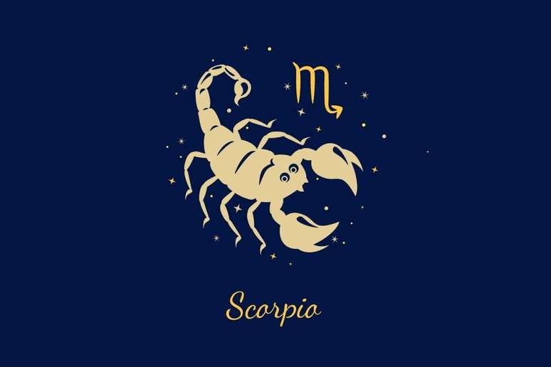 Um fundo azul-marinho escuro com ilustra&ccedil;&atilde;o detalhada de um escorpi&atilde;o com a cauda erguida e o ferr&atilde;o pronto. &Agrave; direita, o glifo de Escorpi&atilde;o (letra 'm' com rabo de seta). Abaixo, o texto "Scorpio".