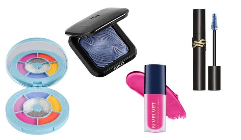 Paleta De Sombras Only Hits Spicy Popstar Ruby Rose (R$ 51); BT Velvet 2X1 Pink Bruna Tavares (R$ 66,90); New Water Eyeshadow Sombra Compacta Kiko Milano (R$ 79,90); M&aacute;scara Lash Clash Blue Yves Saint Laurent (R$ 323)