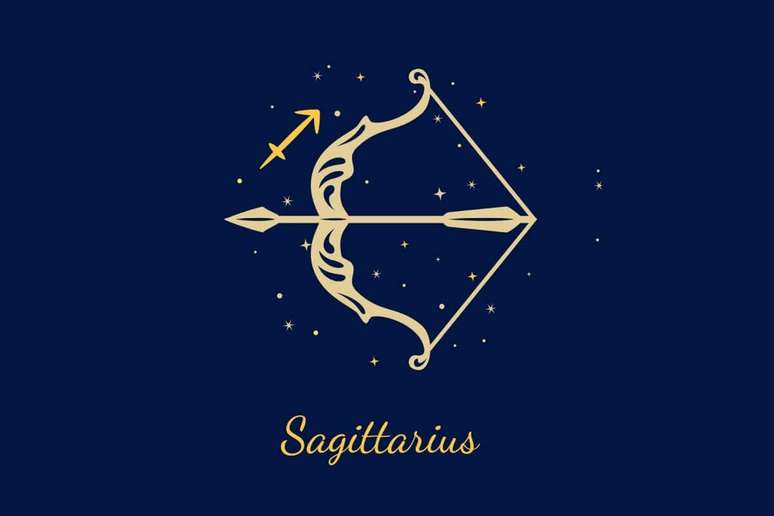 Um fundo azul-marinho escuro com ilustra&ccedil;&atilde;o de um arco armado com uma flecha apontada para a esquerda. Um pequeno glifo de Sagit&aacute;rio (uma flecha diagonal) flutua acima do arco. Abaixo, o texto "Sagittarius".