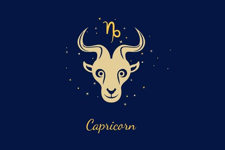 Um fundo azul-marinho escuro com ilustra&ccedil;&atilde;o estilizada da cabe&ccedil;a de uma cabra com chifres curvados. Acima dela, est&aacute; o glifo de Capric&oacute;rnio em dourado vibrante. Abaixo, o texto "Capricorn".