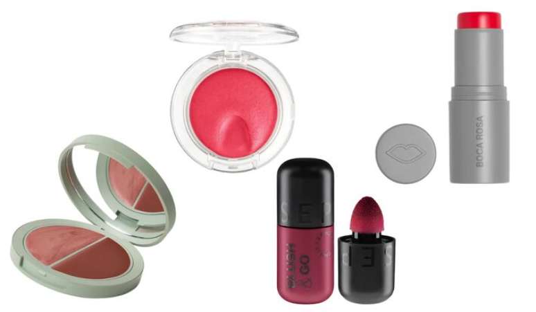 Blush Iluminador Multifuncional DUO CARE Natural Beauty (R$ 197);Blush & Lip Bouncy Melon Pop Ruby Kisses (R$ 55,90); Blush & Go Sephora Collection (R$ 115); Stick Cor Multifuncional Boca Rosa Beauty (R$ 59,90)